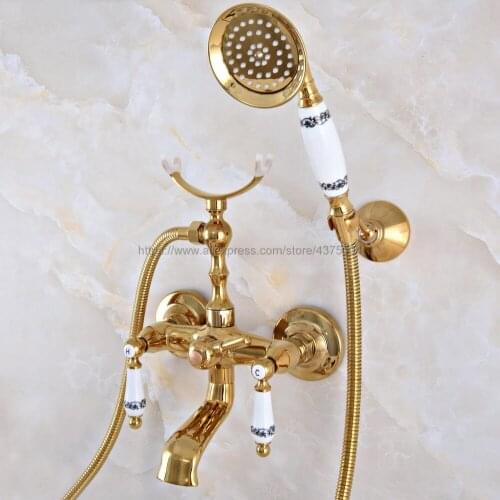 Gold Color Brass Bathtub Faucet Wall Mount Handheld Bath Tub Mixer System with Handshower Telephone Style Nna904