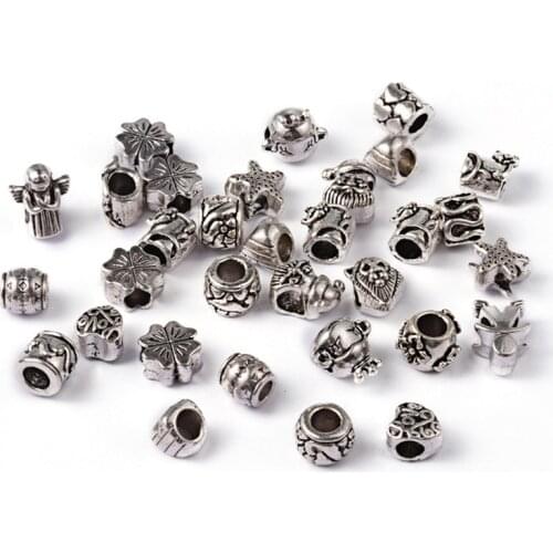 100pcs Mixed Shape Alloy Large Hole European Beads Loose Beads for Jewelry Making DIY Bracelet Findings Size: about 7~13mm long