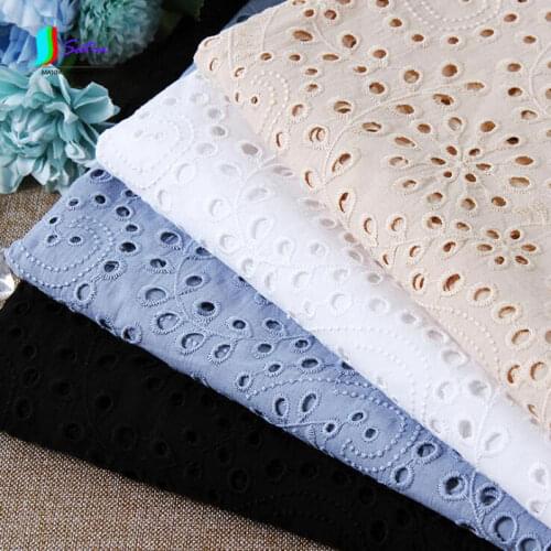 124*91cm White,Blue Embroidery Cotton Cloth,Dress Skirt Sewing Soft Summer Breathable Hollow Flower Style Cotton Fabric S0048H
