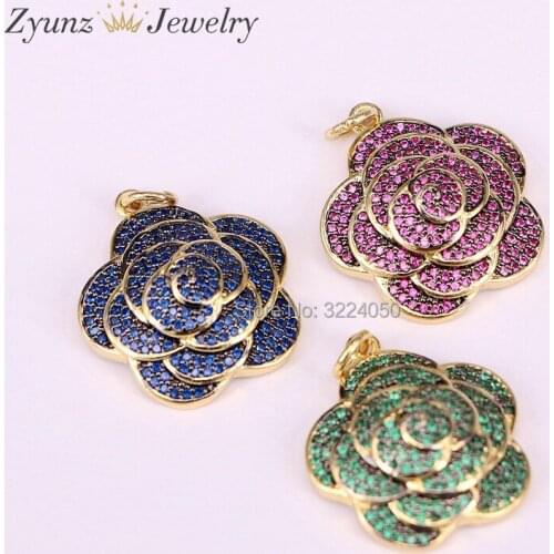 5PCS Multicolor CZ Crystal Rose Flower Pendant, Full Zircon Micro Paved Pendant For Women Jewelry