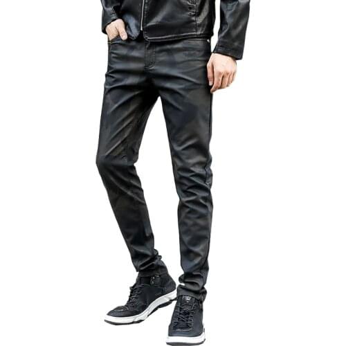 2020 spring fashion skinny men leather pants men casual slim fit washing motorcycle trousers camouflage leather pants ABZ618