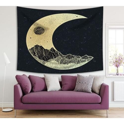Tapestry Mountains Full Moon and Stars Night Sky in Crescent Shape Nature Theme Decorative Artwork Gray Yellow