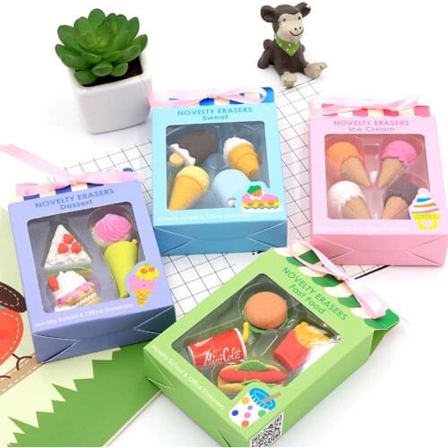 4 Pcs/pack Creative Ice Cream Erasers Cute Food Writing Drawing Rubber Pencil Eraser Stationery for Kids Gifts School Supplies