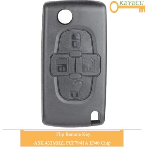 KEYECU Flip Remote Control Car Key for Peugeot 1007 for Citroen C8, Fob 4 Buttons - ASK 433MHz - ID46 PCF7941A Chip - VA2/ HU83