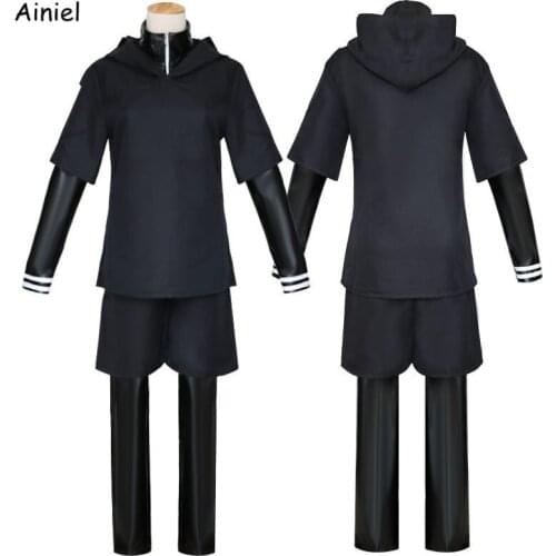 Anime Kaneki Ken Tokyo Ghoul Jin Muyan Cosplay Set Wig Mask Casual Leather Pants Black Men Short Hoodies Long Sleeve Top Costume