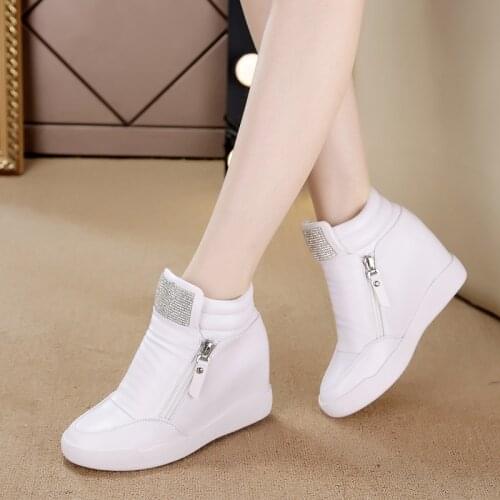 White Black Wedge Platform Shoes Women Sneakers 8CM Hidden Heels Shoes Woman Fashion Casual Sneaker Ladies Leather Shoes