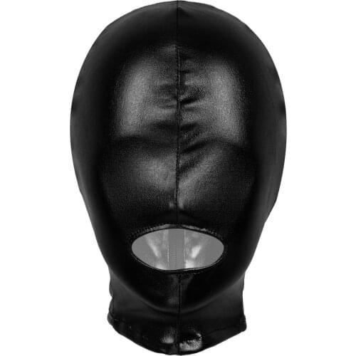 Unisex Men Women Cosplay Face Mask Sexy Latex Hoods Shiny Metallic Open Mouth Hole Headgear Full Face Mask for Role Play Costume