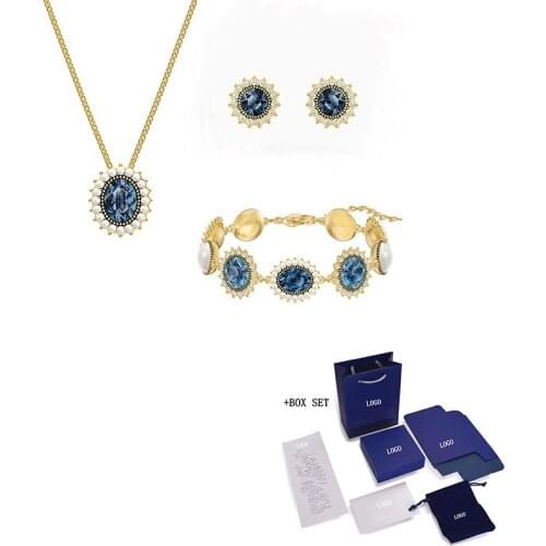 Fashion Jewelry SWA New Millennium Set Golden Retro Style Oval Blue Crystal Pearl Necklace Earring Bracelet Ladies Jewelry Set