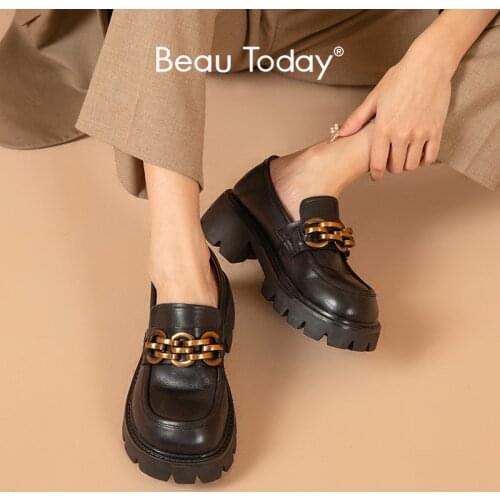 BeauToday Platform Loafers Moccasin Women Cow Leather Round Toe Metal Chain Slip on Casual Ladies Shoes Handmade 27775