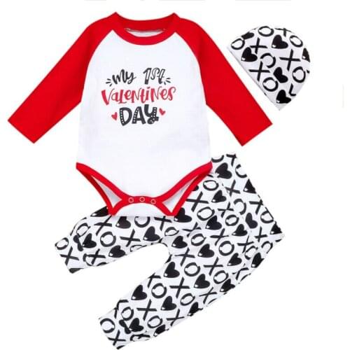 My First Valentines Day Infant Baby Girl Boy Clothes Suit Kids Long Sleeve Romper Tops+Pants+Hat 3Pcs Set