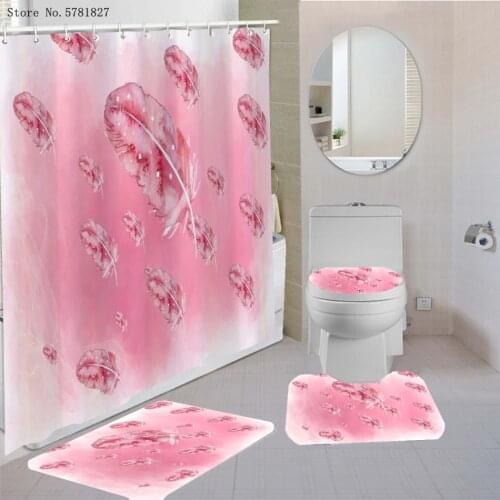 3/4 Pieces Bohemia Feather Shower Curtain Set Dreamcatcher Carpet Pedestal Rug Lid Toilet Cover Bath Mat Colorful Bathroom Set