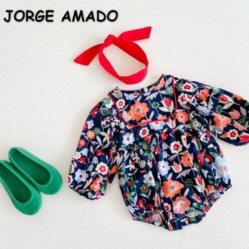 2021 New Autumn Baby Girls Bodysuit Long Sleeves Round Collar Big Flowers Jumpsuit Newborn Outwear Infant Clothes E2447
