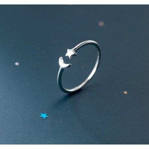 Very Small Thin 1MM REAL.925 Sterling Silver fINE jEWELRY Crescent Moon Star Open Ring C-J3299