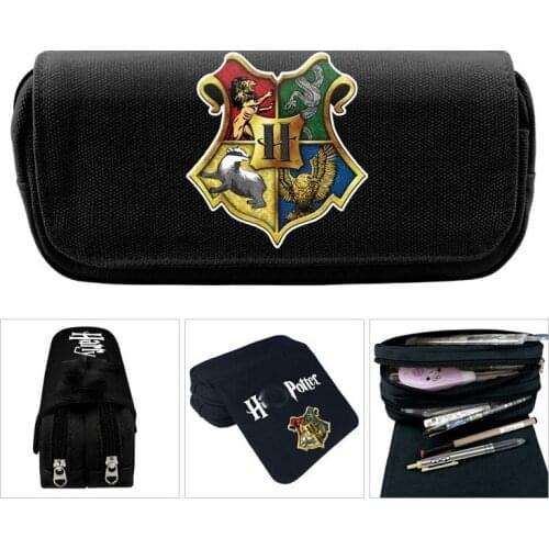 Movie Harried Potter Pencil Box Hogwarts School Cartoon PU/Canvas Double Zipper Case Wizardry Badge Pencil Bags for Children