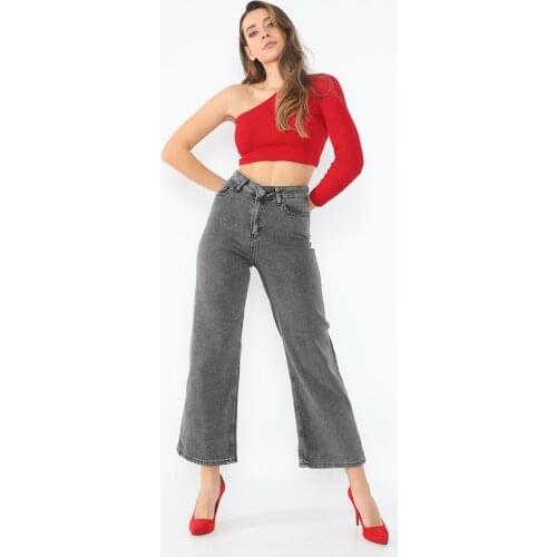 Women, Jeans, Wide Leg, High Waist, Lycra, Flexible, Comfortable, Grey, Full Length, Cotton Denim Trousers, 2021 Spring Summer