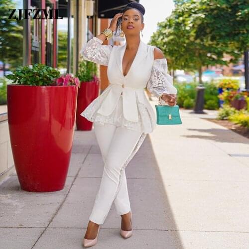 Womens Formal Suit Office Lady Business Workwear Outfits Off Shoulder Lace Blazer Coat+casual Pencil Pant Autumn Clothing New