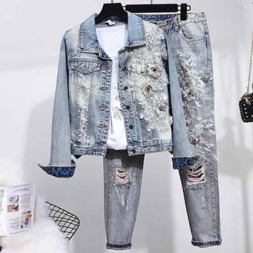 Spring autumn new fashion women heavy work beaded embroidery long-sleeved denim jacket + hole beading jeans two piece sets