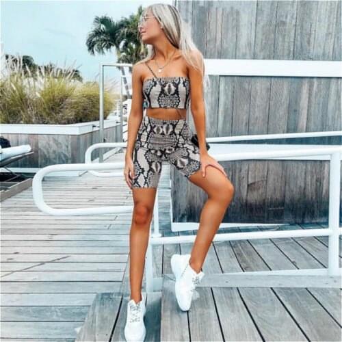 2020 Sexy Snake Skin Print Two Piece Set Womens Summer Casual Shinny Tube Top Shorts Bodycon 2Pcs Set Outfits Short Sports Sets