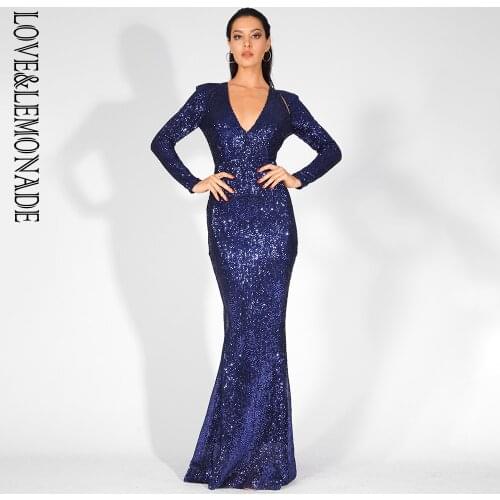 LOVE & LEMONADE Sexy Black Deep V-Neck Cut Out Pleated Sequin Material Fishtail Shape Bodycon Long Dress LM81618 NAVY
