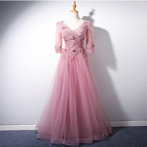 New Fashion Robe De Soiree A-Line Pink Beads Evening Dresses Long Dress Formal Dress Vestido De Festa Long Sleeve Evening Dress