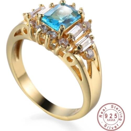 2019 New Fashion Design Gold Color Big Blue Zircon CZ Zirconia Stone Rings For Women Engagement Party With Femme Jewelry Gift