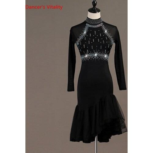 2019 New Women Latin Dance Dress Luxury Diamonds Long Sleeves Ruffles Dresses Adult Latin Ballroom Dance Performance Costumes