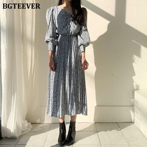 BGTEEVER Vintage Lantern Sleeve Ruched Women Dress V-neck Floral Print Pleated Dress Female A-line Chiffon Dress femme 2020