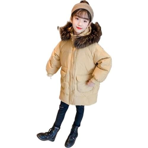 Winter Blended Girls Coat Korean Version Fashion Hooded Cotton Jacket Solid Color Mid-Length Snowsuit Casual childrens Overcoat