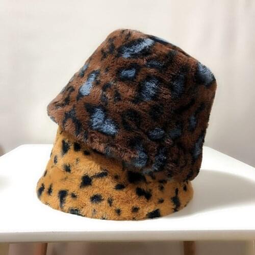 Winter Thick Warm Faux Fur Bucket Hats Fashion Leopard Fishing Caps Street All Match Men Women Fluffy Sun Hat Foldable 56-58cm