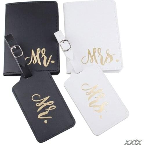 1Set PU Leather Luggage Tag Mr./Mrs. Passport Case Wallet for Couples Honeymoon