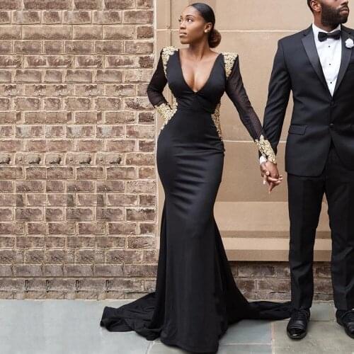 Black Party Dresses long-sleeved Applique Floor length Evening Dresses Mermaid / Trumpet V-Neck Sweep/Brush Open back Party Gown