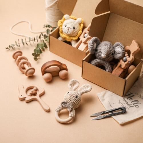 4 Pcs/Set Baby Rattle Wooden Crochet Elephant Bells Soother Bracelet Teether Set Baby Product Montessori Educational Toy