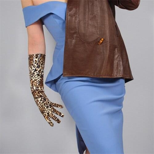 Leopard Long Gloves 40cm Patent Leather Emulation Leather PU Bright Leather Brown Cheetah Leopard Animal Pattern Female WPU25