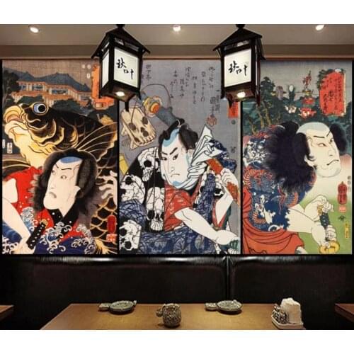 Japanese ukiyo-e samurai restaurant overalls background wall painting decorative wallpaper murals