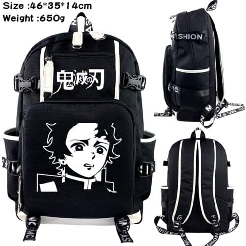 Demon Slayer Canvas Backpack Kimetsu No Yaiba Teenager Packsack Zip Travel Laptop Bag Shoulders Black Schoolbag Cartoon Bookbag