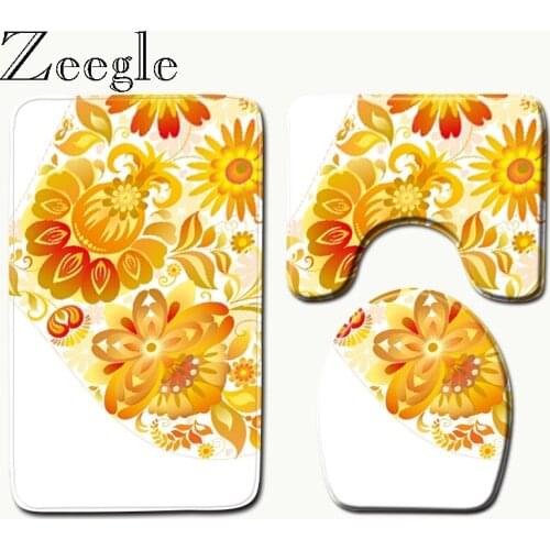 Zeegle Heart Pattern Printed 3 Piece Set Soft Coral Fleece Toilet Sets Toilet Seat Cover Warm Bath Rug Non Slip Bathroom Carpet