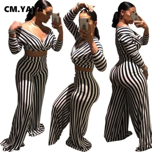 CM.YAYA Aumutn Women set Striped Full Sleeve Sexy Fashion Loose Pants Deep V-Neck Women Two Set