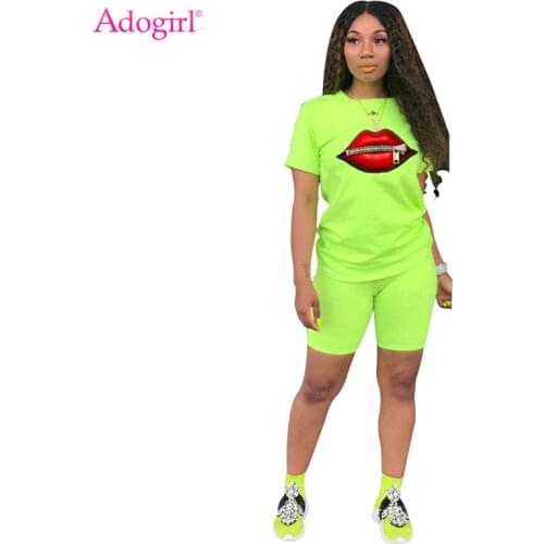 Adogirl Zipper Lip Print Summer Casual Two Piece Set Short Sleeve T Shirt Top and Shorts Female Tracksuit Fashion Home Apparel