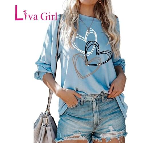 LIVA GIRL Woman Casual Long Sleeve T Shirt Female 2021 Spring Autumn Heart Sprint Pollover Ladies O-Neck Plus Size Clothes 2XL