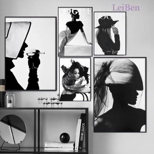 Fashion Elegant Lady Art Canvas Painting Vogue Magazine Cover Poster Nordic Black And White Picture Home Decoration Living Room