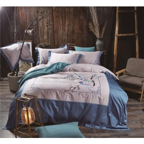 Chinese style Floral Birds Embroidery Duvet Cover Set Silky Ultra Soft Egyptian Cotton Bed sheet 4/6 pieces Queen King Size
