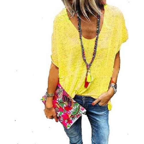 2019 womens new summer and autumn candy color V-neck short-sleeved T-shirt bottoming shirt womens clothing