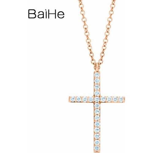 BAIHE Solid 18K Rose Gold 0.10CT Natural Diamond Women Wedding Office/career Fine Jewelry Elegant Simple cross diamond Necklaces