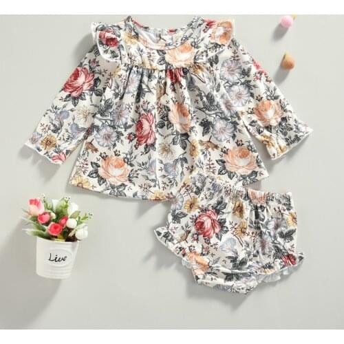 Girls Casual Two-piece Clothes Set Floral Printed Pattern Long Sleeve Pullover Shirt Bloomers Sweety Babys Sets