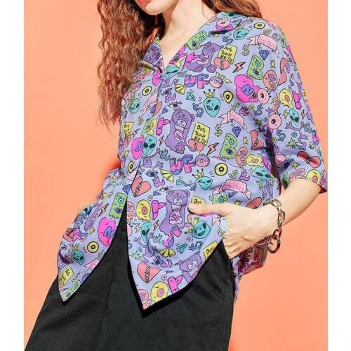 HOUZHOU Shirts for Teenage Girls Summer Harajuku Hip Hop Vintage Anime Clothes Oversize Short Sleeve Button Up Ladies Blouse