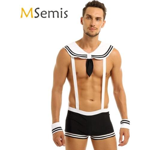 MSemis Mens Sexy Sailor Costume Overalls Cosplay Underwear Set Suspenders Boxer with Collar Cuffs Gay Halloween Costumes for Men