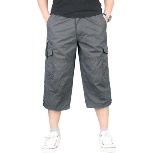 Men Shorts Solid Color Breathable Pocket Loose Straight Capri Cropped Pants Trousers Mens Clothing Summer