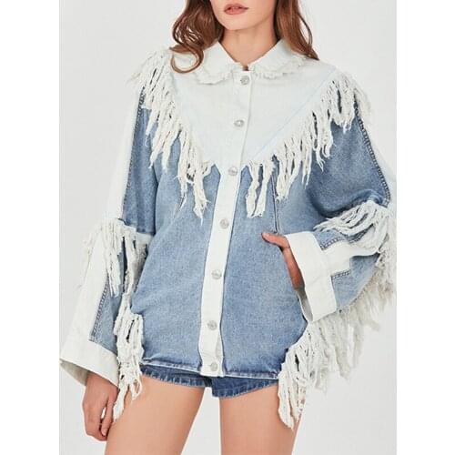 Super Fashion Patchwork Tassels Single Breasted Denim Jacket Women Trendy Loose Denim Coat