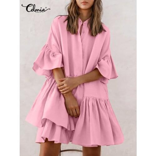 Bohemian Ruffled Sundress Celmia 2021 Women Summer Mini Dress Sexy Half Sleeve Buttons Casual Solid Party Beach Vestidos Robe