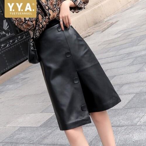Street High Waist A-Line Genuine Leather Skirts Women OL Style Front Split Wrap Midi Skirt Elegant Office Lady Sheepskin Skirt